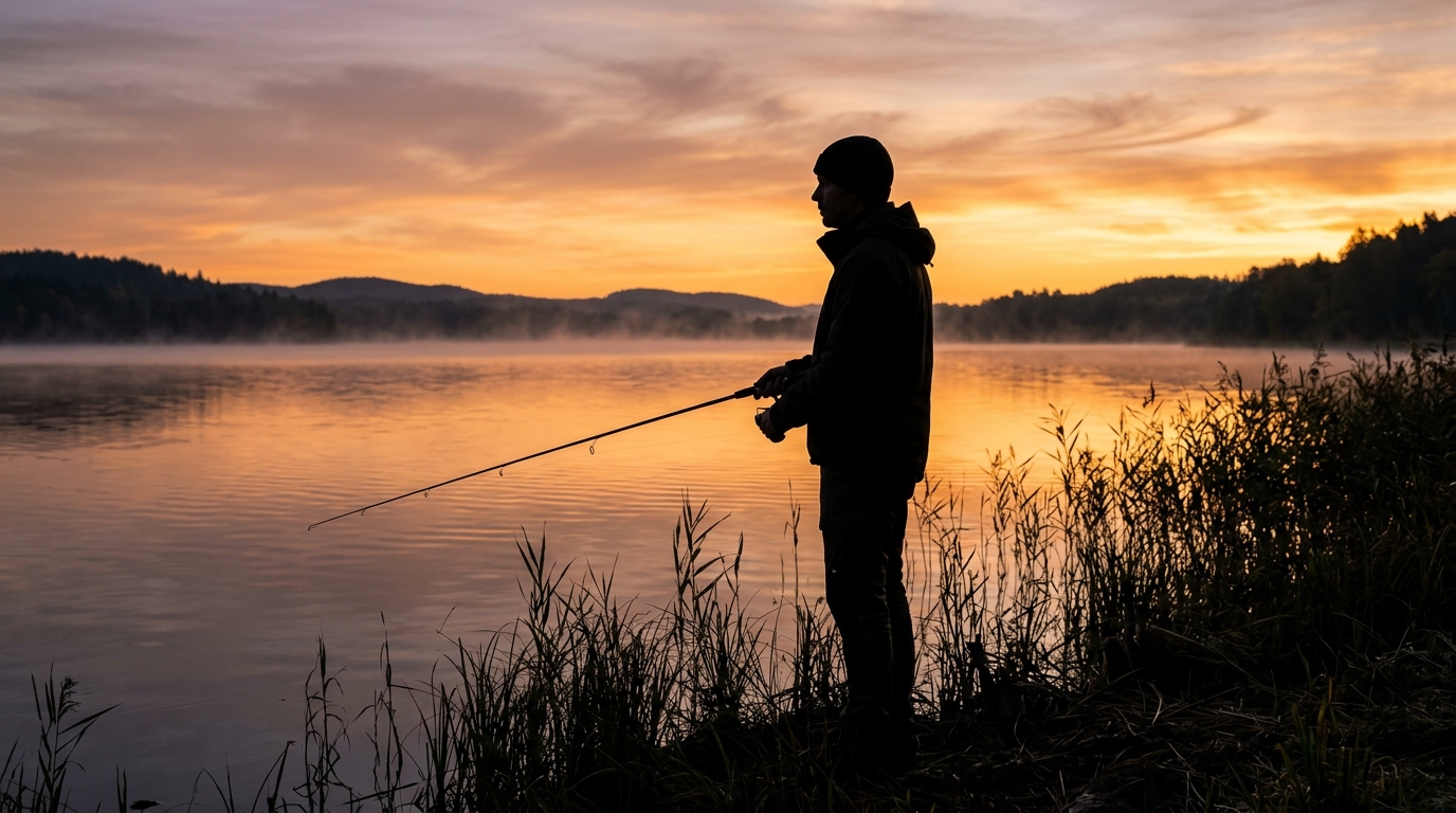 Angler am Seeufer im Sonnenuntergang (KI-Illustration)