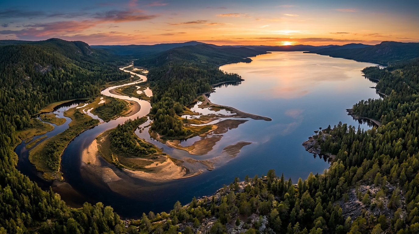 Malerische Flusslandschaft und See (KI-Illustration)