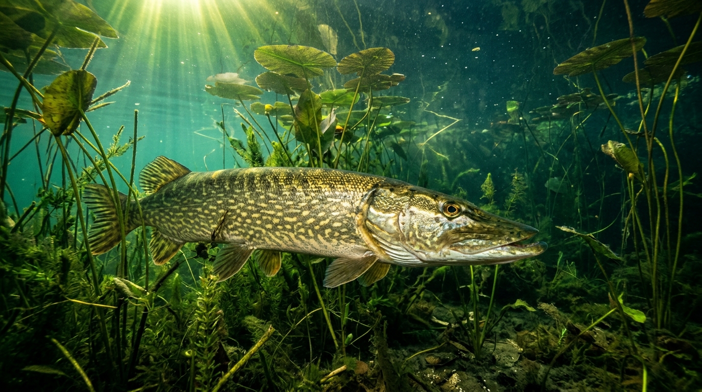 Hecht unter Wasser im Schilf (KI-Illustration)